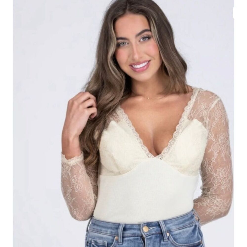 Heyson Cream Ribbed Knit Lace Bodysuit NWT Sz L